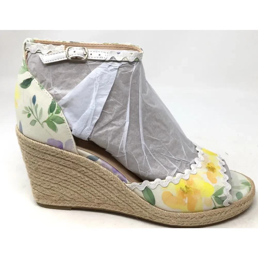 Bandolino Kendri7 Women's Sz 10M Yellow Floral Espadrille Peep Toe Wedge Sandals